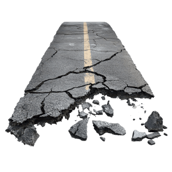 A cracked and damaged road symbolizing infrastructure decay and neglect. png