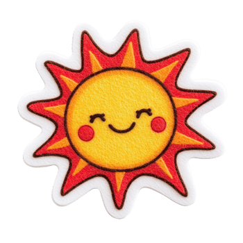A cheerful sun illustration with a smiling face and vibrant rays, radiating warmth. png