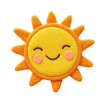A cheerful sun decoration made of soft felt with a smiling face and bright colors. png