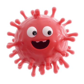 A cute, cartoonish virus character smiling joyfully in a vibrant 3D rendering. png