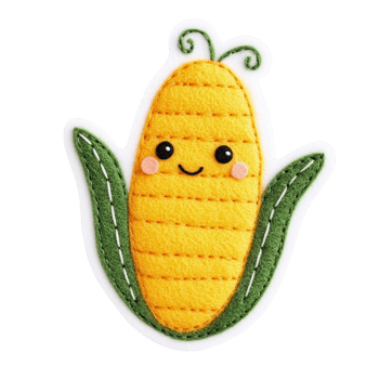 A cute felt corn character with a happy face and green leaves. png