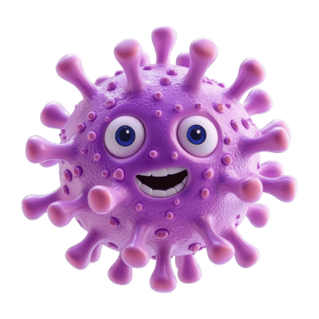 A cute, friendly virus character with a smiling face and colorful design. png