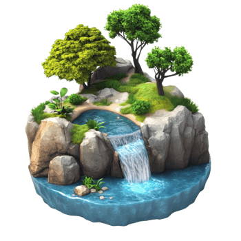 A serene landscape featuring a waterfall surrounded by lush greenery and rocks. png