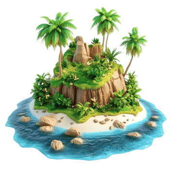 A serene tropical island with lush palm trees and clear blue water. png