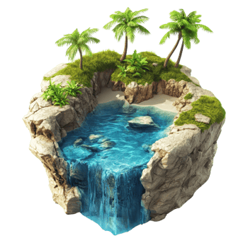 A serene oasis featuring a waterfall surrounded by vibrant green palms. png