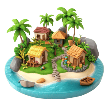 A serene tropical island with vibrant huts, palm trees, and a peaceful shoreline. png