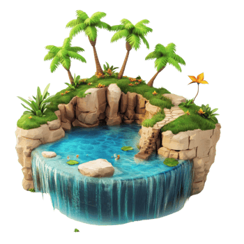 A serene tropical waterfall surrounded by lush greenery and vibrant plants. png