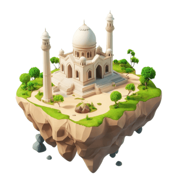 A stunning floating palace with intricate architecture and lush greenery. png