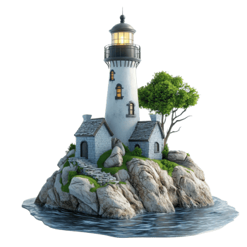 A serene lighthouse standing on rocky shores, guiding boats with its warm light. png