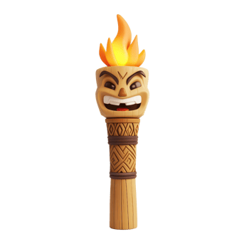 A vibrant, cartoon-style tiki torch with a fierce expression and flame on top. png