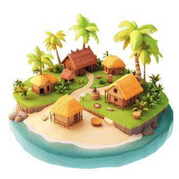 A tropical island village with charming huts and palm trees by the serene beach. png