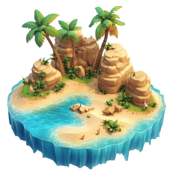 A tropical island with palm trees, rocky cliffs, and clear blue water. png