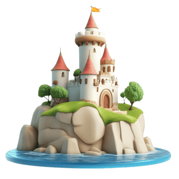 A whimsical castle perched on a rocky island surrounded by tranquil water. png