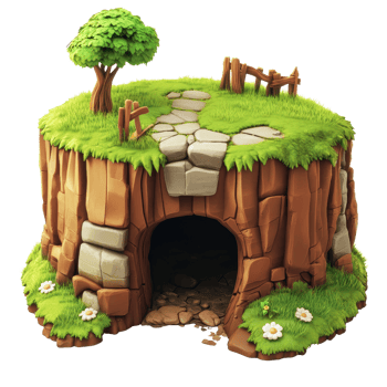 A whimsical cave nestled in green grass, with stones and flowers enhancing the scenery. png