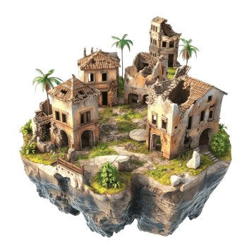 Aerial view of abandoned houses surrounded by lush greenery and palm trees. png