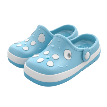 Colorful blue clogs with playful designs, perfect for summer relaxation and fun. png