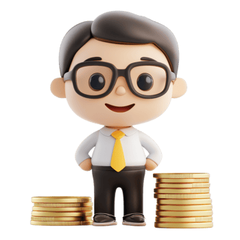 Cheerful cartoon character standing proudly with golden coins around him. png