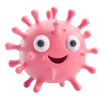 Cartoon representation of a happy virus character with friendly features and playful expression. png