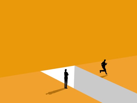 Courage and dare not, Risk assessment, Businessman standing watching people jump over the gap vector
