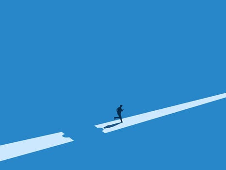 Overcoming the crisis, businessmen jump over the missing path problems vector