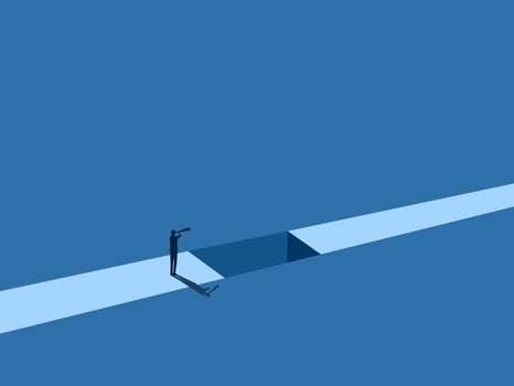 Look beyond the obstacle, Businessman looks through the binoculars on the pit vector