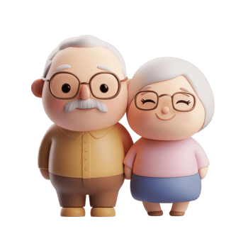 Cute cartoon elderly couple smiling together, showcasing love and companionship. png