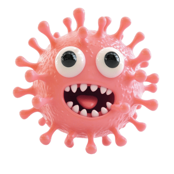 Cute cartoon virus character with big eyes and a smile, representing a playful virus concept. png