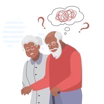 Black Old man suffer from dementia loss memory. Woman supports confused senior male struggle with Alzheimer disease. Elderly healthcare and medicine concept. vector