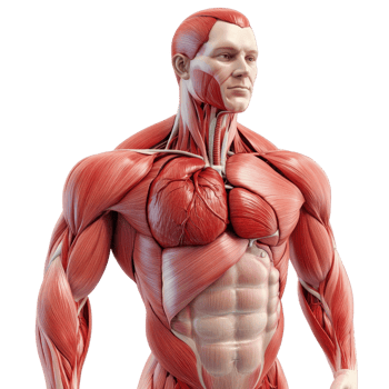 Detailed anatomical model showcasing human muscular structure and internal organs. png