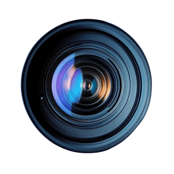 Detailed image of a photography lens with reflections and intricate designs. png