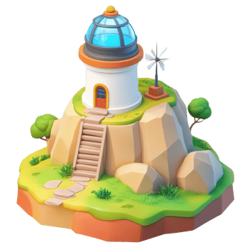 Illustration of a colorful lighthouse on a rocky hilltop surrounded by green grass. png