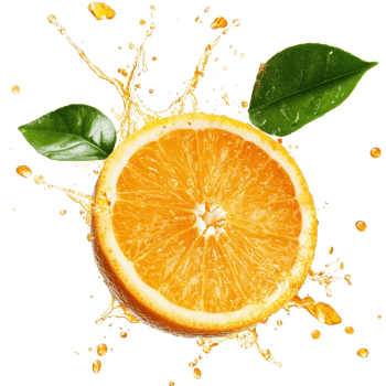Fresh orange slice with splash of juice and green leaves on a white background. png