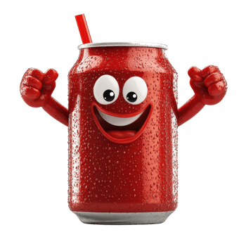 Playful animated soda can character with a bright smile and straw. png