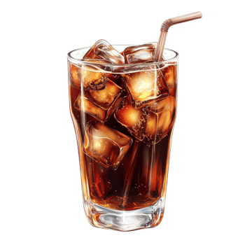 Refreshing cola drink with ice cubes and a straw in a clear glass. png