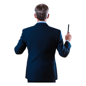 Business Professional in Suit Standing with Pen Facing Away from Camera png