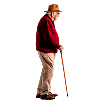 Elderly Man with Cane Walking in a Warm Sweater and Hat png