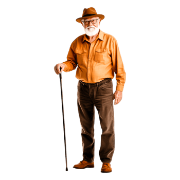 Elderly Man with Cane in Casual Outfit Against png