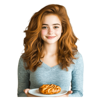 Young woman with curly hair enjoying a pastry plate at home png