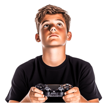 Young Boy Playing Game Controller Looking Up in Excitement png