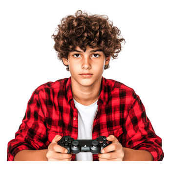 Focused young boy with curly hair playing games indoors png