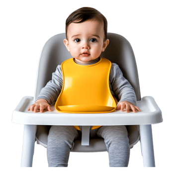 Cute Baby in Yellow Feeding Chair with Gray Outfit and Curious Expression png