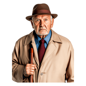 Elderly Man with Cane Wearing Tan Coat and Hat in Studio Setting png