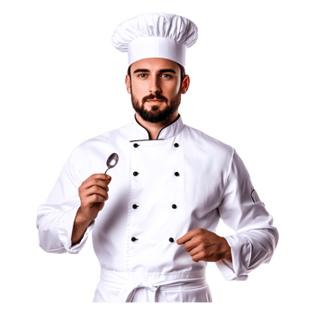 Professional male chef in white uniform holding spoon in kitchen png
