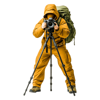 Adventurous Photographer with Camera in Outdoor Exploration Gear png