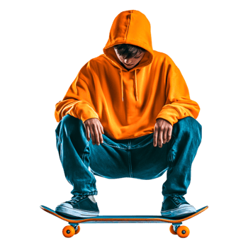 Young Person in Orange Hoodie Sitting on Skateboard Looking Down png