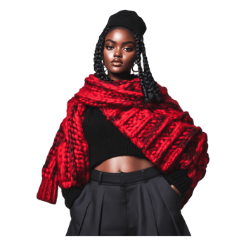 Confident Woman in Red Knit Shawl and Black Sweater Fashion Pose png
