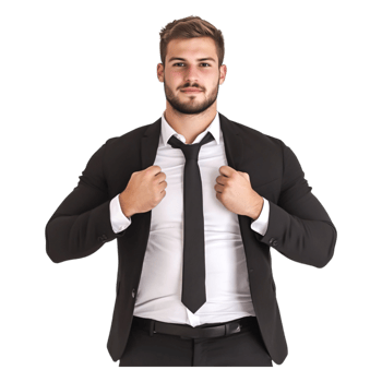 Confident Businessman Adjusting Suit Jacket with Strong Posture png