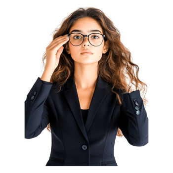 Professional Woman Adjusts Glasses with Thoughtful Expression png