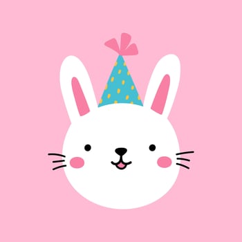 Cute bunny in a festive hat isolated on a pink background. hand-drawn illustration in flat style. Perfect for decorations, holiday designs, cards, logo. vector