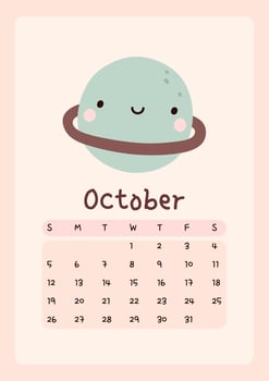 Calendar page for October 2025, week starts on Sunday. Cute design with a planet in pastel colors. Perfect for kids nursery, home or office decor. Schedule for planning, organization. vector